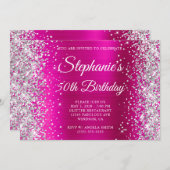 Silver Glitter Hot Pink Monogram 50e verjaardag Kaart (Voorkant / Achterkant)