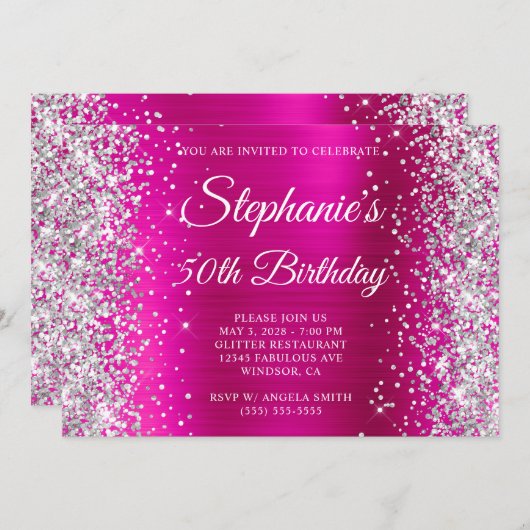 Silver Glitter Hot Pink Monogram 50e verjaardag Kaart (Voorkant / Achterkant)