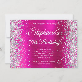 Silver Glitter Hot Pink Monogram 50e verjaardag Kaart
