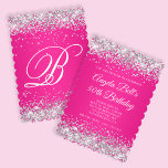 Silver Glitter Hot Pink Monogram 50e verjaardag Kaart<br><div class="desc">Een elegante monogram 50ste verjaardag 5x7 uitnodiging voor haar. Faux glanzend zilveren glitter met glinstering tegen een felroze ombre grafisch afbeelding. De witte klassieke fancy kalligrafie van het monogram kan worden aangepast. Alle glitterige,  sprankelende elementen in dit moderne meisjesontwerp zijn digitale afbeeldingen die als een foto worden afgedrukt.</div>