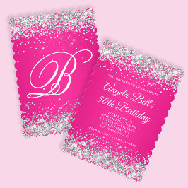 Silver Glitter Hot Pink Monogram 50e verjaardag Kaart