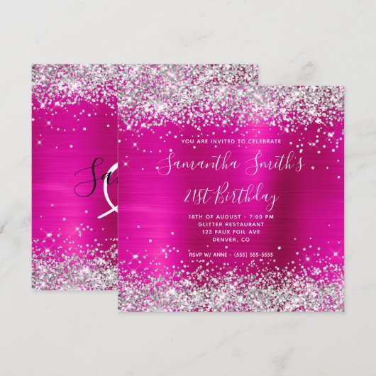 Silver Glitter Hot Pink Monogrammed 21st Birthday Kaart (Voorkant / Achterkant)
