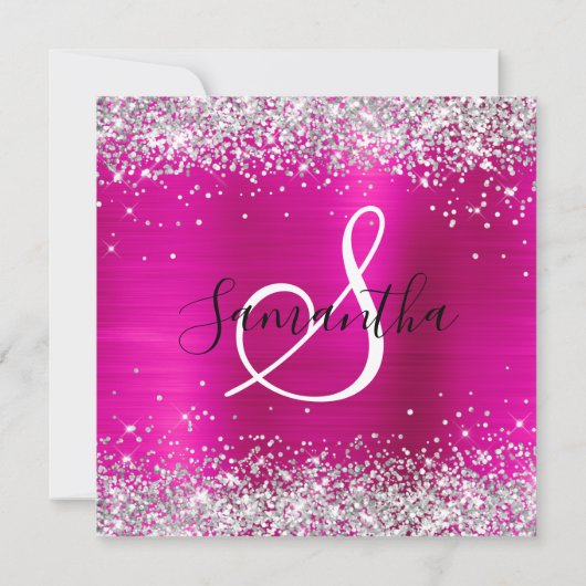 Silver Glitter Hot Pink Monogrammed 21st Birthday Kaart (Achterkant)