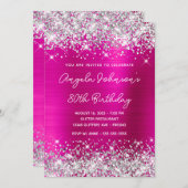 Silver Glitter Hot Pink Monoline 80e verjaardag Kaart (Voorkant / Achterkant)