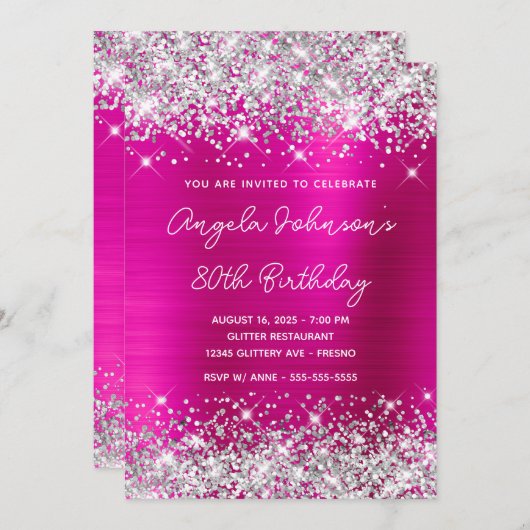 Silver Glitter Hot Pink Monoline 80e verjaardag Kaart (Voorkant / Achterkant)