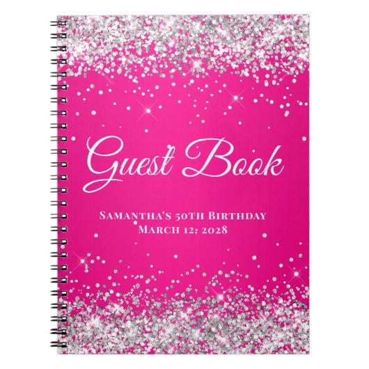 Silver Glitter Hot Pink Ombre Birthday Guest Notitieboek (Voorkant)