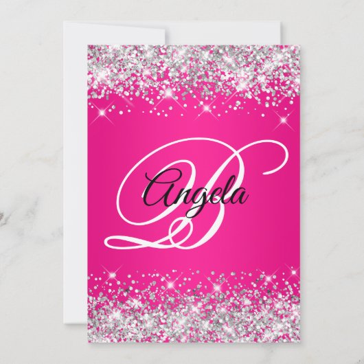 Silver Glitter Hot Pink Ombre Fancy Monogram Kaart (Achterkant)