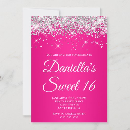Silver Glitter Hot Pink Ombre Sweet 16 Kaart (Voorkant)