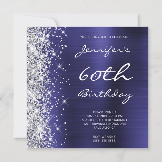 Silver Glitter Indigo Blue Folie 60th Birthday Kaart (Voorkant)