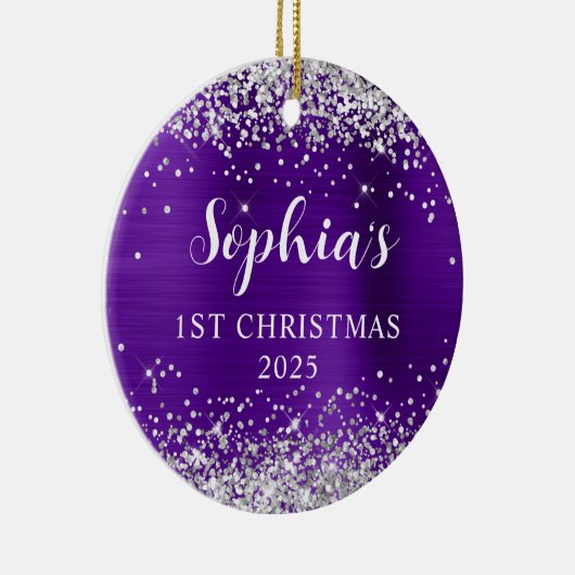 Silver Glitter Ingigo Foil 1st Christmas Photo Keramisch Ornament (Rechts)