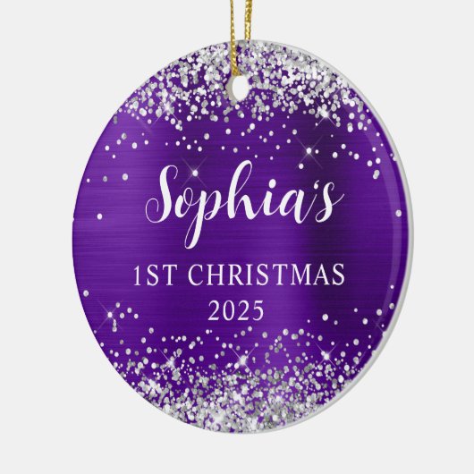 Silver Glitter Ingigo Foil 1st Christmas Photo Keramisch Ornament (Links)