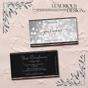 Silver Glitter Initialen Black en Roos Gold Border Visitekaartje