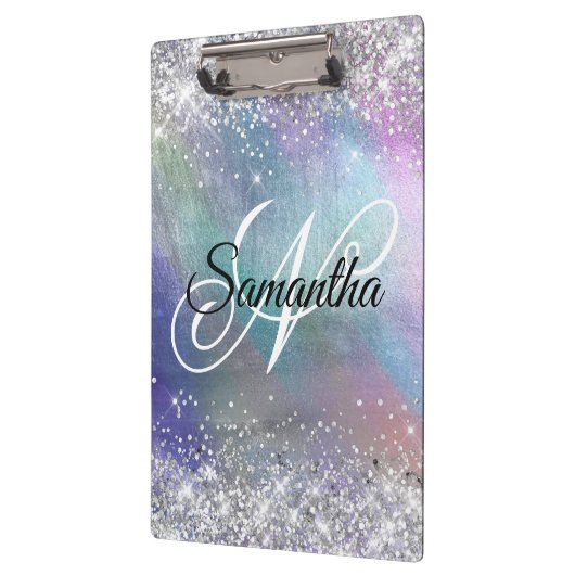 Silver Glitter Iridescent Folie Fancy Monogrammen Klembord (Links)