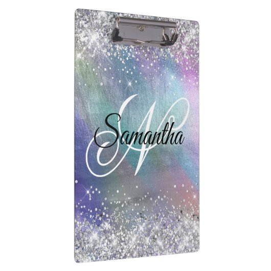 Silver Glitter Iridescent Folie Fancy Monogrammen Klembord (Rechts)