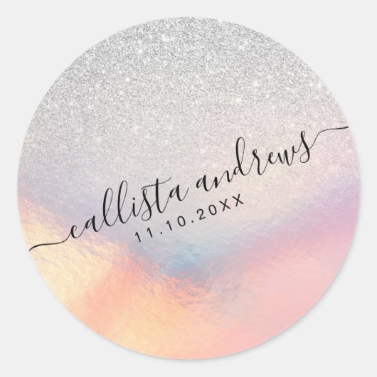 Silver Glitter Iridescent Holographic Gradient Ronde Sticker (Voorkant)