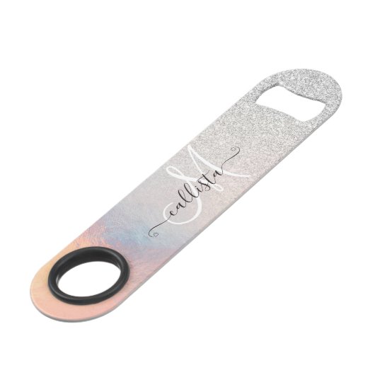 Silver Glitter Iridescent Holographic Gradient Speed Flessenopener (Voorkant Gekanteld)