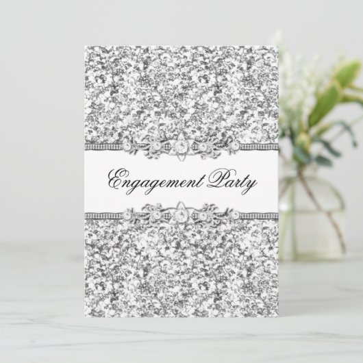 Silver Glitter & Jewel Engagement Party nodigt uit Kaart (Staand voorkant)