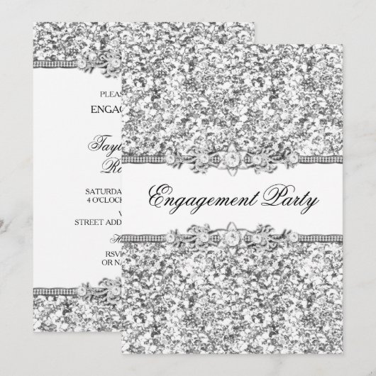 Silver Glitter & Jewel Engagement Party nodigt uit Kaart (Voorkant / Achterkant)