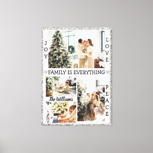 Silver Glitter Joy Love Peace Family Name & Photo Canvas Afdruk (Voorkant)