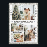 Silver Glitter Joy Love Peace happy Hanukkah Foto Feestdagenkaart<br><div class="desc">Deze kaart heeft een modern zilveren glitter-lijst met vier (vier)favoriete gepersonaliseerde familieruzefoto's!
Met vreugde,  liefde en vrede woorden die aanpasbaar zijn. 
U kunt de familienaam veranderen door te klikken personaliseert de optie.
Stuur deze kaart naar al je geliefden om hen een gelukkige Hanukkah te wensen!!</div>