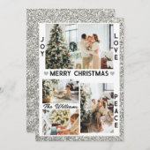 Silver Glitter Joy Love Peace - kerstfoto Feestdagenkaart (Voorkant / Achterkant)