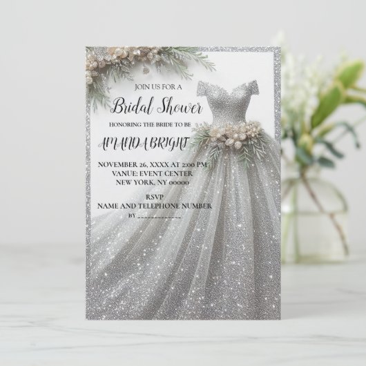 Silver Glitter jurk bruids douche uitnodiging (Staand voorkant)