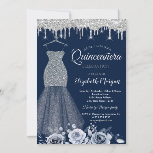 Silver Glitter Jurk, Druppels Rozen Quinceañera Kaart (Voorkant)