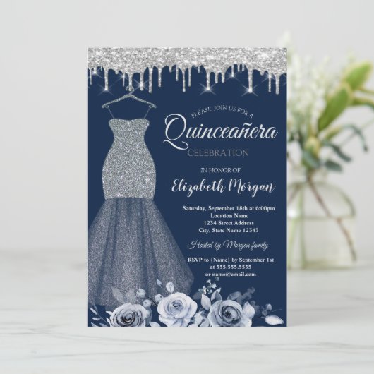 Silver Glitter Jurk, Druppels Rozen Quinceañera Kaart (Staand voorkant)