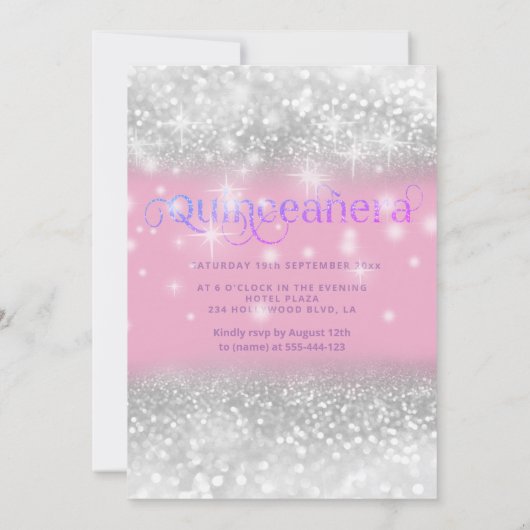 Silver glitter jurk ombre tiara Quinceañera Inv Kaart (Achterkant)