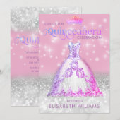 Silver glitter jurk ombre tiara Quinceañera Inv Kaart (Voorkant / Achterkant)