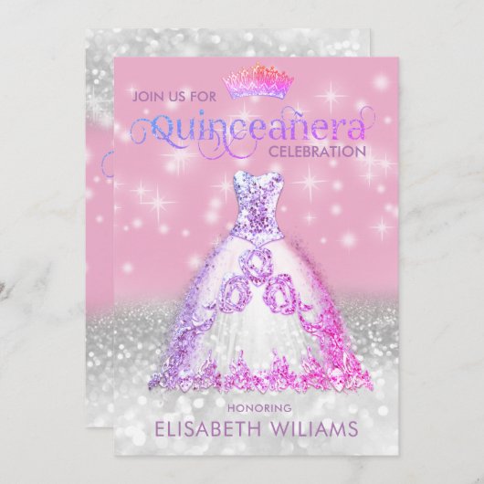Silver glitter jurk ombre tiara Quinceañera Inv Kaart (Voorkant / Achterkant)