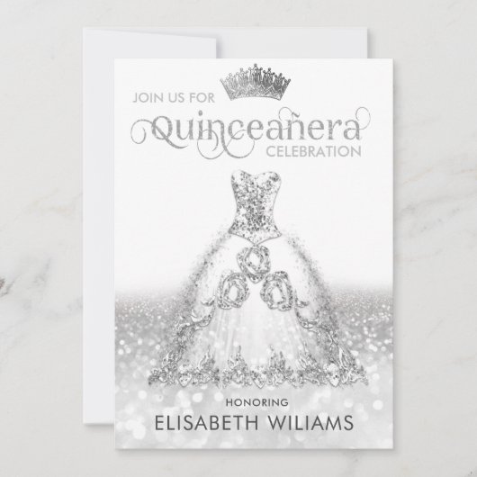 Silver glitter jurk ombre tiara Quinceañera Invi Kaart (Voorkant)