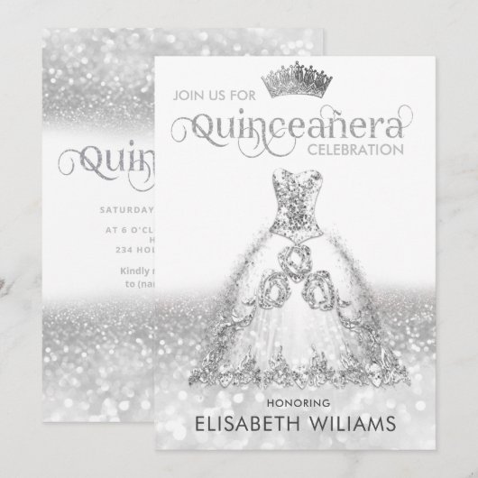 Silver glitter jurk ombre tiara Quinceañera Invi Kaart (Voorkant / Achterkant)