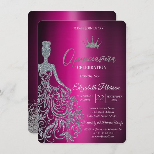 Silver Glitter Jurk Paarse Metallic Kaart (Voorkant / Achterkant)