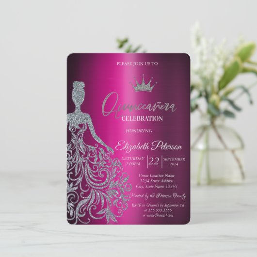 Silver Glitter Jurk Paarse Metallic Kaart (Staand voorkant)