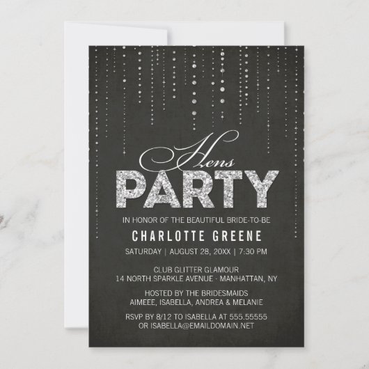 Silver Glitter Kijk Black Hens Party Invitation Kaart (Voorkant)