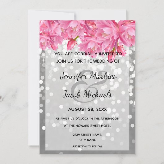 Silver glitter kristallen roze bloemige bruiloft kaart (Voorkant)