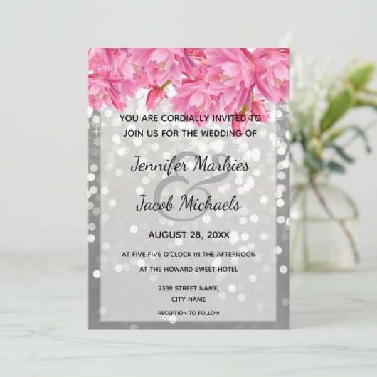 Silver glitter kristallen roze bloemige bruiloft kaart (Staand voorkant)
