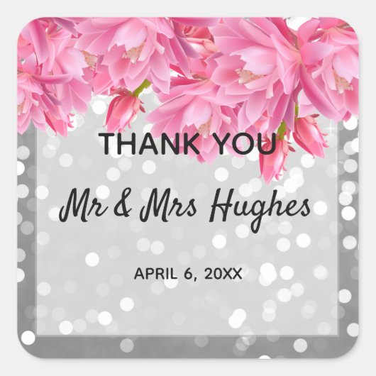 Silver glitter kristallen roze bloemige bruiloft vierkante sticker (Voorkant)