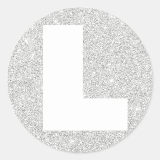 Silver Glitter L Initiaal Ronde Sticker (Voorkant)