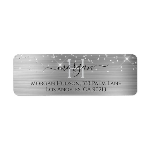 Silver Glitter & Large Monogram, Black Script Name Etiket (Voorkant)