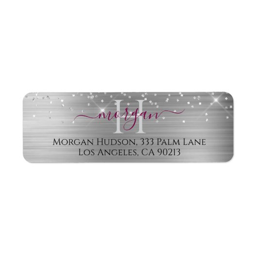 Silver Glitter & Large Monogram, Maroon Name Etiket (Voorkant)