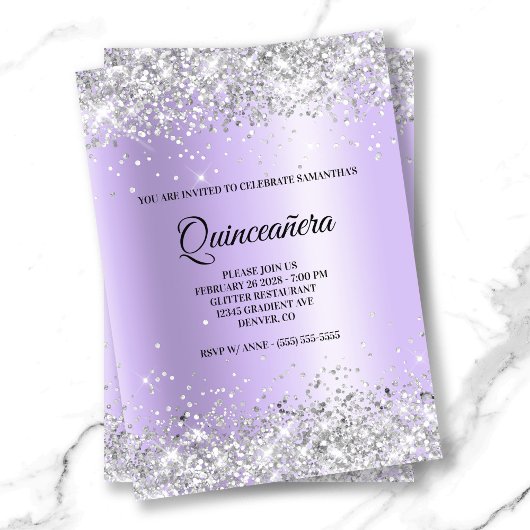Silver Glitter Lavendel Satin Folie Quinceanera Kaart