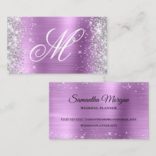 Silver Glitter Lavender Folie Fancy Monogrammen Visitekaartje (Voorkant / Achterkant)