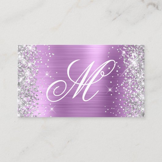Silver Glitter Lavender Folie Fancy Monogrammen Visitekaartje (Voorkant)