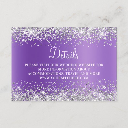 Silver Glitter Lavender Paars Weddenschap Details Informatiekaartje (Voorkant)