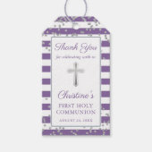 Silver Glitter Lavender Paarse Eerste Communie Cadeaulabel (Voorkant)