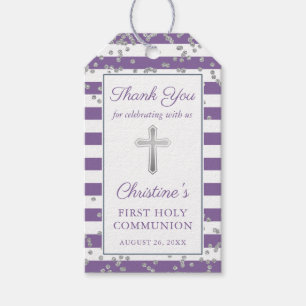 Silver Glitter Lavender Paarse Eerste Communie Cadeaulabel