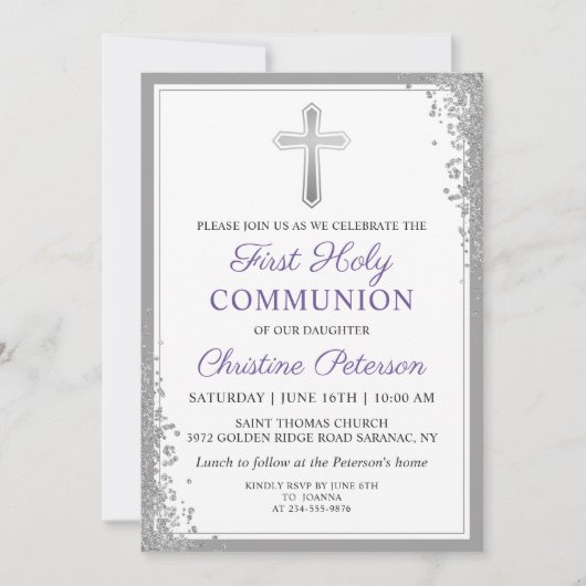 Silver Glitter Lavender Paarse Eerste Communie Kaart (Voorkant)