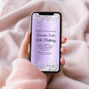 Silver Glitter Lavender Satin 50th Birthday Kaart